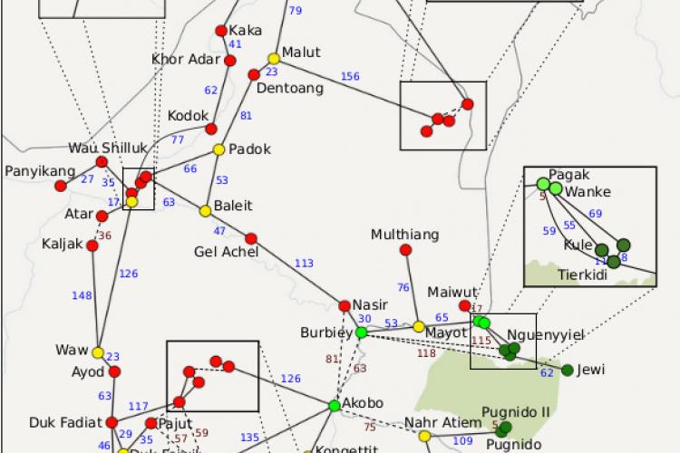 Solution: South Sudan Microscale location graph for the conflict occurred in 2016-2017 representing in red: conflict locations, in yellow: towns, and in green: camps.