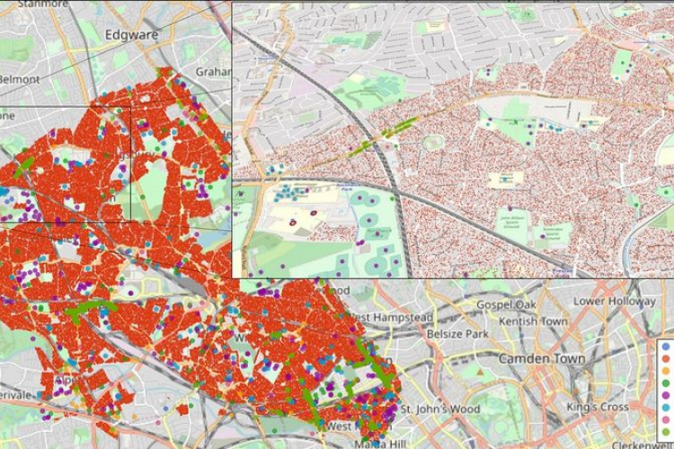 Scatter plot of the spread of COVID-19 cases across the London borough of Brent in UK. In this image we show all the buildings that are incorporated into a FACS model for the Borough of Brent. Each house location contains one or more households, each containing one or more persons.