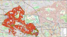 Scatter plot of the spread of COVID-19 cases across the London borough of Brent in UK. In this image we show all the buildings that are incorporated into a FACS model for the Borough of Brent. Each house location contains one or more households, each containing one or more persons.